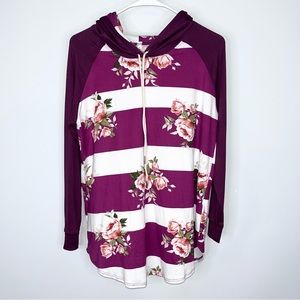 EMERALD Magenta Plum Purple Striped Floral Lightweight Hoodie Small